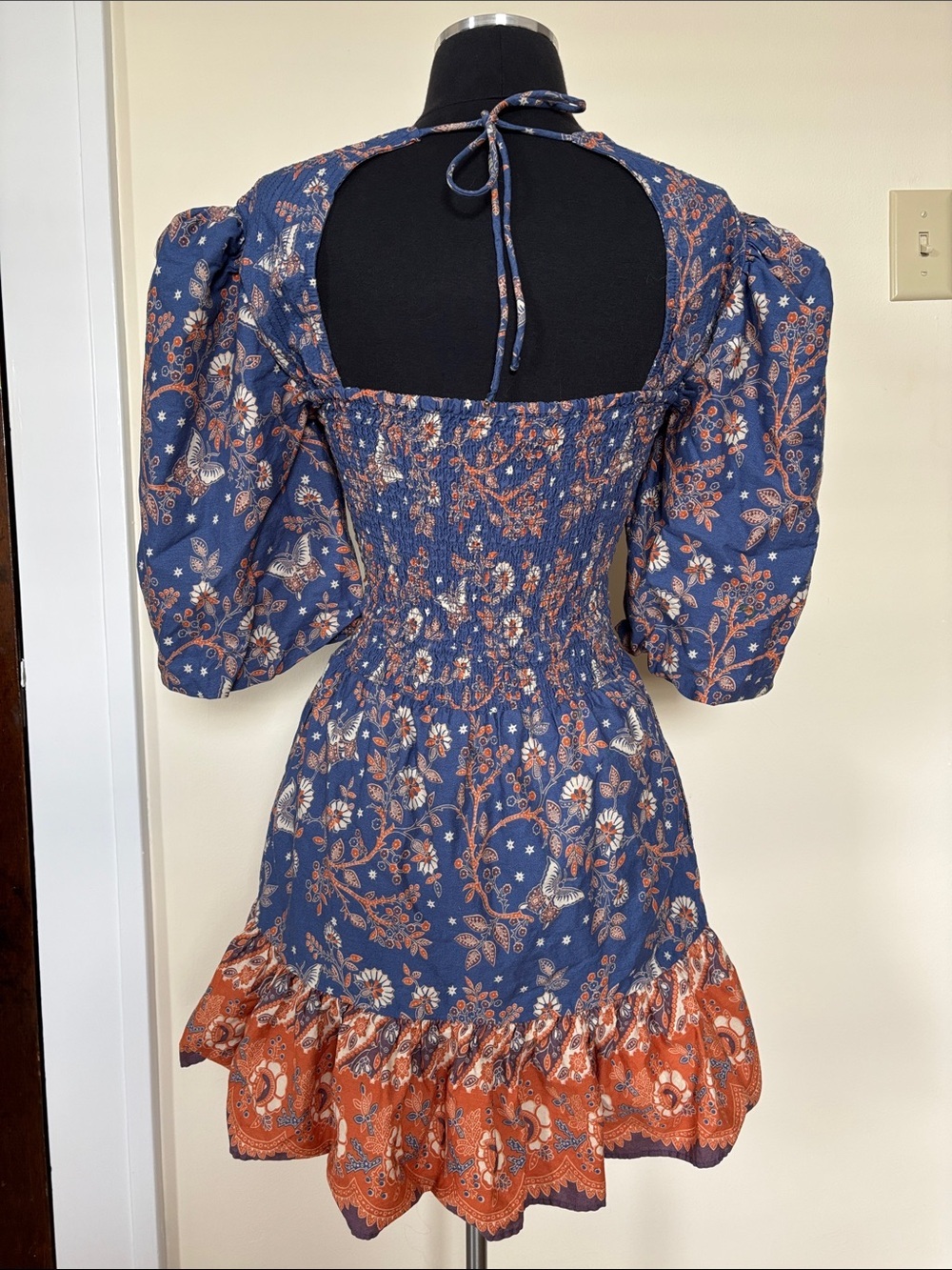 House of Harlow Navy Blue Orange Floral Puff-Sleeve Smocked Mini Dress - Picture 6 of 13